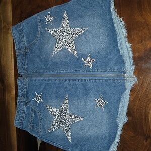 Denim Mini Skirt with Silver Star Accents